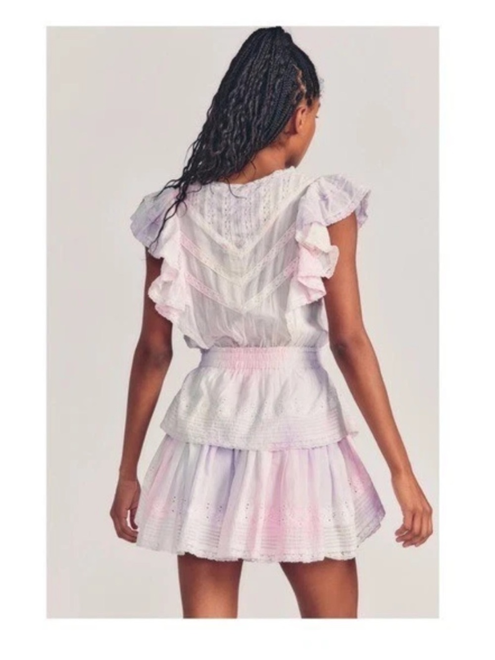 New! LoveShackFancy Gwen Tie Dye Lace Ruffle Cotton Mini Dress in Pink White - Picture 5 of 13